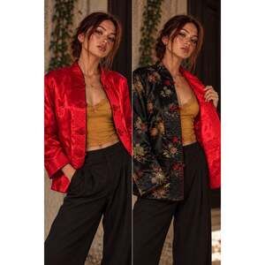 Reversible Chinese Tang Jacket XL Red Black Floral Brocade Frog Closure